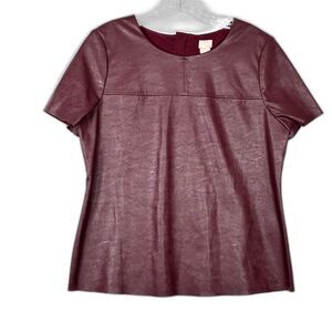 Chico's Women's Mixed Media Faux Leather Short Sleeve Top Deep Merlot Sz 1 Chic